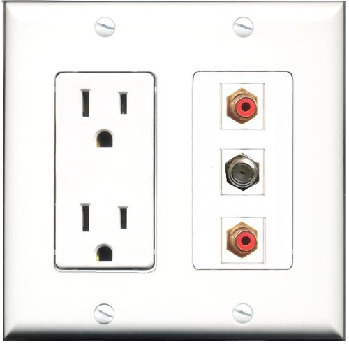 RiteAV - 15 Amp Power Outlet 2 Port RCA Red 1 Port Coax Decorative Wall Plate