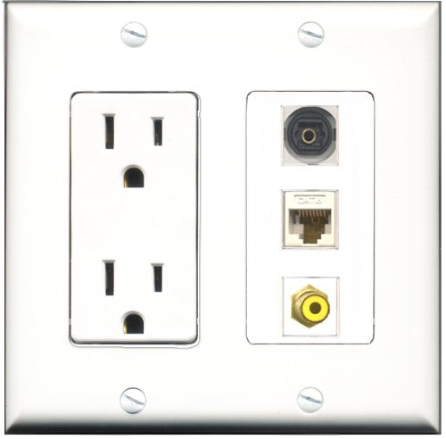 RiteAV - 15 Amp Power Outlet 1 Port RCA Yellow 1 Port Toslink 1 Port Cat6 Ethernet Ethernet White Decorative Wall Plate