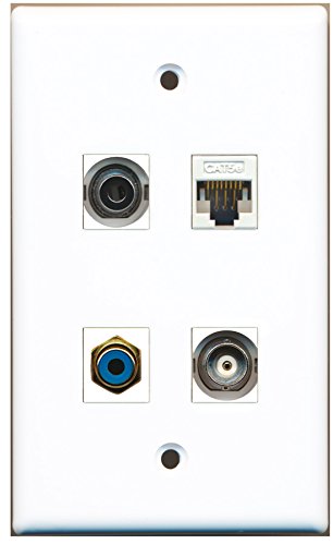 RiteAV - 1 Port RCA Blue 1 Port 3.5mm 1 Port BNC 1 Port Cat5e Ethernet White Wall Plate