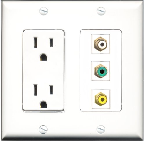 RiteAV - 15 Amp Power Outlet 1 Port RCA White 1 Port RCA Yellow 1 Port RCA Green Decorative Wall Plate