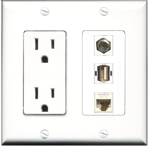 RiteAV - 15 Amp Power Outlet 1 Port Coax 1 Port USB A-A 1 Port Cat6 Ethernet Ethernet White Decorative Wall Plate