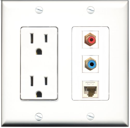 RiteAV - 15 Amp Power Outlet 1 Port RCA Red 1 Port RCA Blue 1 Port Cat6 Ethernet Ethernet White Decorative Wall Plate