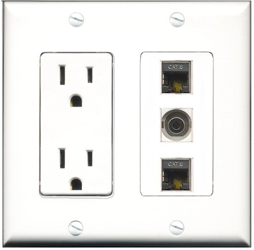 RiteAV - 15 Amp Power Outlet 2 Port Shielded Cat6 Ethernet Ethernet 1 Port 3.5mm Decorative Wall Plate