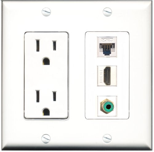 RiteAV - 15 Amp Power Outlet 1 Port HDMI 1 Port RCA Green 1 Port Cat5e Ethernet White Decorative Wall Plate