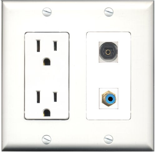 RiteAV - 15 Amp Power Outlet and 1 Port RCA Blue and 1 Port Toslink Decorative Type Wall Plate White