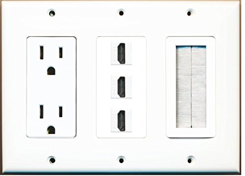 RiteAV - (3 Gang) 15A Power Outlet Mesh-Brush 3 HDMI Wall Plate White