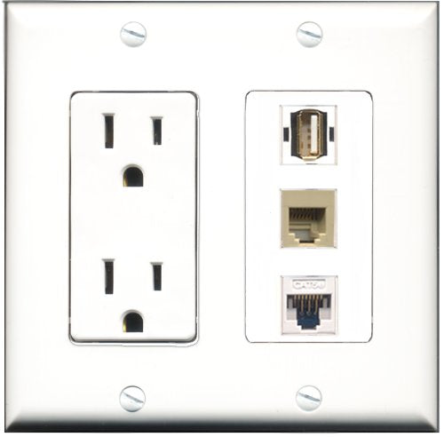 RiteAV - 15 Amp Power Outlet 1 Port USB A-A 1 Port Phone Beige 1 Port Cat5e Ethernet White Decorative Wall Plate
