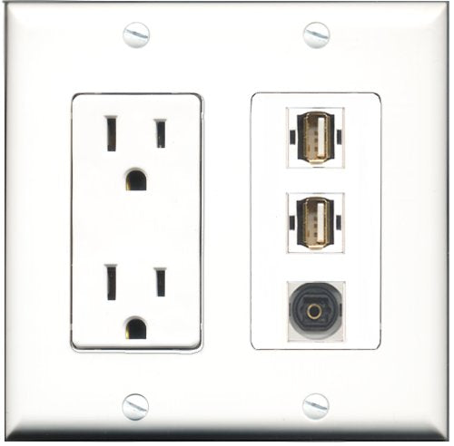 RiteAV - 15 Amp Power Outlet 2 Port USB A-A 1 Port Toslink Decorative Wall Plate