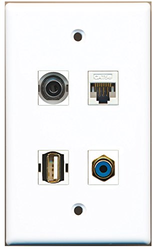 RiteAV - 1 Port RCA Blue 1 Port USB A-A 1 Port 3.5mm 1 Port Cat5e Ethernet White Wall Plate