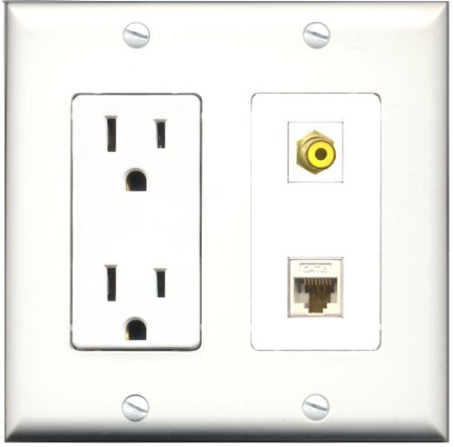 RiteAV - 15 Amp Power Outlet and 1 Port RCA Yellow and 1 Port Cat6 Ethernet White Decorative Type Wall Plate White