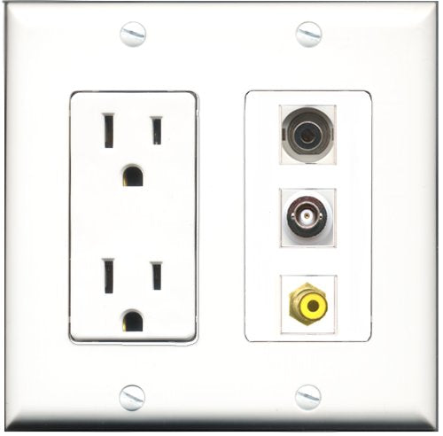 RiteAV - 15 Amp Power Outlet 1 Port RCA Yellow 1 Port 3.5mm 1 Port BNC Decorative Wall Plate
