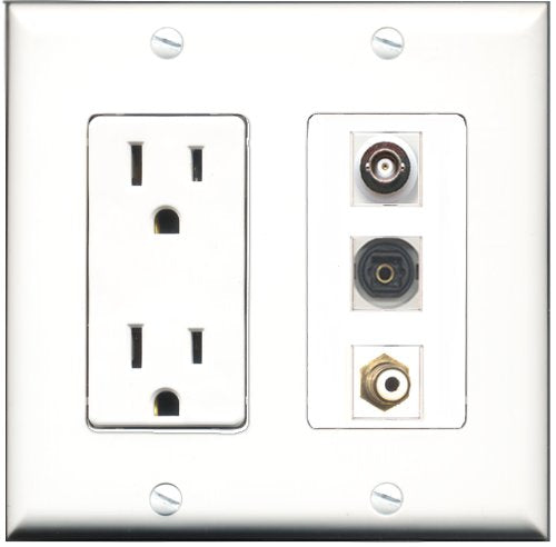 RiteAV - 15 Amp Power Outlet 1 Port RCA White 1 Port Toslink 1 Port BNC Decorative Wall Plate