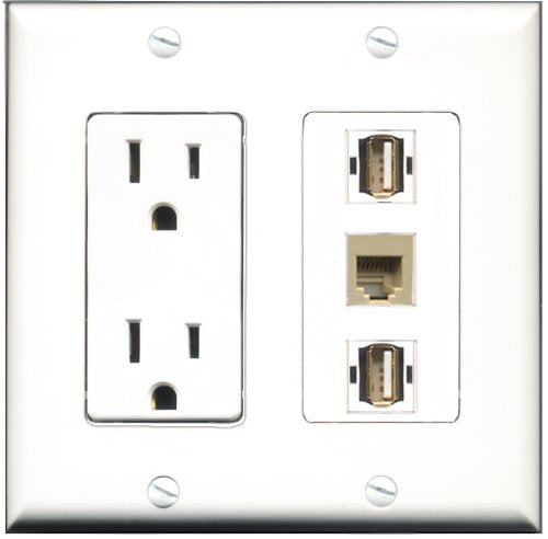 RiteAV - 15 Amp Power Outlet 2 Port USB A-A 1 Port Phone Beige Decorative Wall Plate