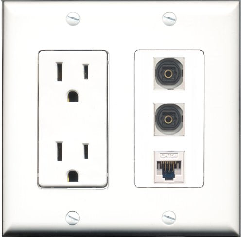 RiteAV - 15 Amp Power Outlet 2 Port Toslink 1 Port Cat5e Ethernet White Decorative Wall Plate