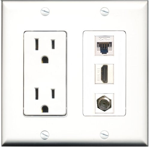 RiteAV - 15 Amp Power Outlet 1 Port HDMI 1 Port Coax 1 Port Cat5e Ethernet White Decorative Wall Plate