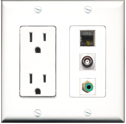 RiteAV - 15 Amp Power Outlet 1 Port RCA Green 1 Port Shielded Cat6 Ethernet Ethernet 1 Port BNC Decorative Wall Plate