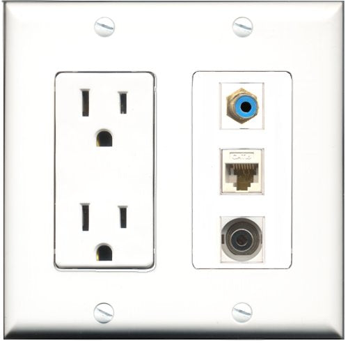 RiteAV - 15 Amp Power Outlet 1 Port RCA Blue 1 Port 3.5mm 1 Port Cat6 Ethernet Ethernet White Decorative Wall Plate