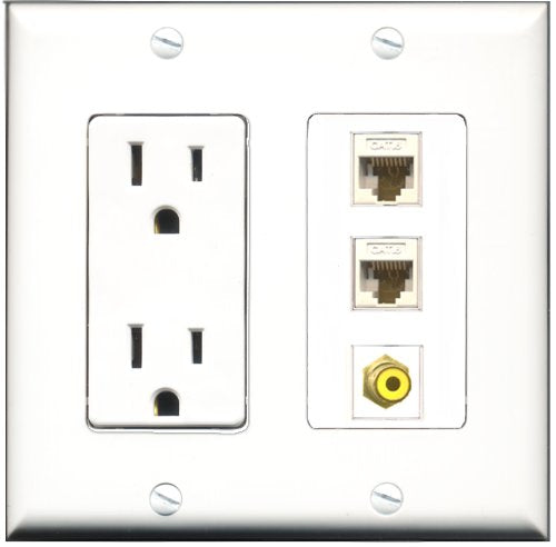 RiteAV - 15 Amp Power Outlet 1 Port RCA Yellow 2 Port Cat6 Ethernet Ethernet White Decorative Wall Plate