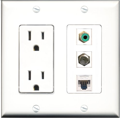 RiteAV - 15 Amp Power Outlet 1 Port RCA Green 1 Port Coax 1 Port Cat5e Ethernet White Decorative Wall Plate