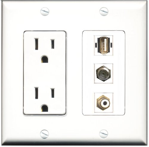 RiteAV - 15 Amp Power Outlet 1 Port RCA White 1 Port Coax 1 Port USB A-A Decorative Wall Plate