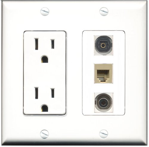RiteAV - 15 Amp Power Outlet 1 Port Phone Beige 1 Port Toslink 1 Port 3.5mm Decorative Wall Plate