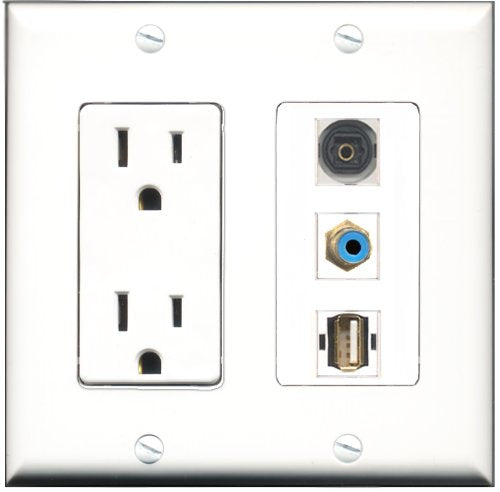RiteAV - 15 Amp Power Outlet 1 Port RCA Blue 1 Port USB A-A 1 Port Toslink Decorative Wall Plate