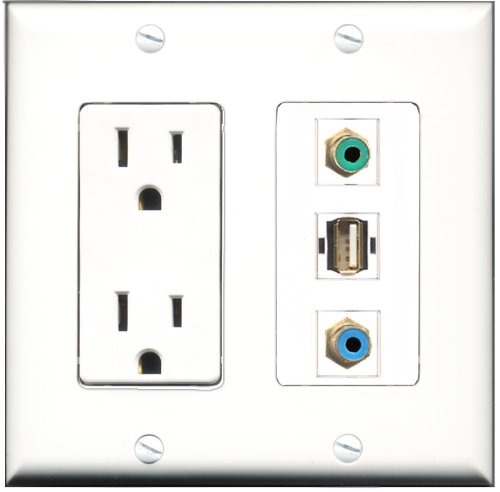 RiteAV - 15 Amp Power Outlet 1 Port RCA Green 1 Port RCA Blue 1 Port USB A-A Decorative Wall Plate