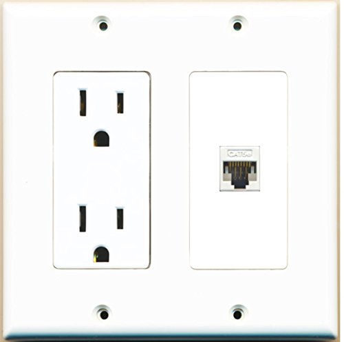 RiteAV - 15 Amp Power Outlet and 1 Port Cat5e Ethernet Decorative Type Wall Plate - White