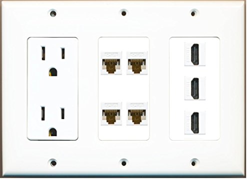 RiteAV - (3 Gang) 15A Power Outlet 3 HDMI 4 Cat6 White Wall Plate White