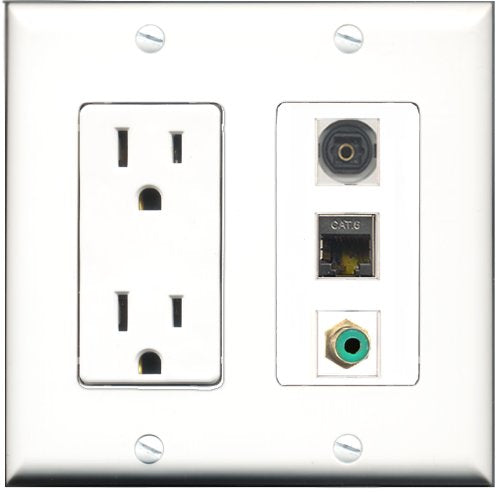 RiteAV - 15 Amp Power Outlet 1 Port RCA Green 1 Port Shielded Cat6 Ethernet Ethernet 1 Port Toslink Decorative Wall Plate