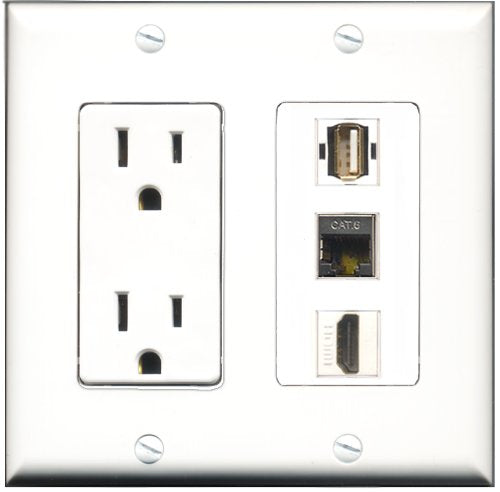RiteAV - 15 Amp Power Outlet 1 Port HDMI 1 Port USB A-A 1 Port Shielded Cat6 Ethernet Ethernet Decorative Wall Plate