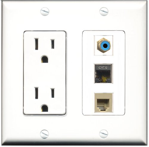 RiteAV - 15 Amp Power Outlet 1 Port RCA Blue 1 Port Phone Beige 1 Port Shielded Cat6 Ethernet Ethernet Decorative Wall Plate