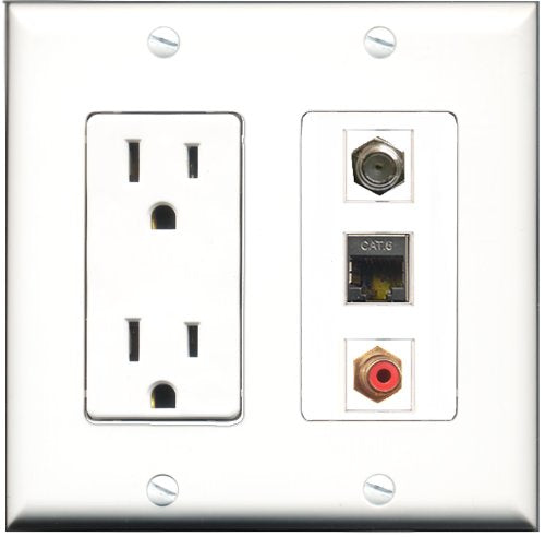 RiteAV - 15 Amp Power Outlet 1 Port RCA Red 1 Port Coax 1 Port Shielded Cat6 Ethernet Ethernet Decorative Wall Plate