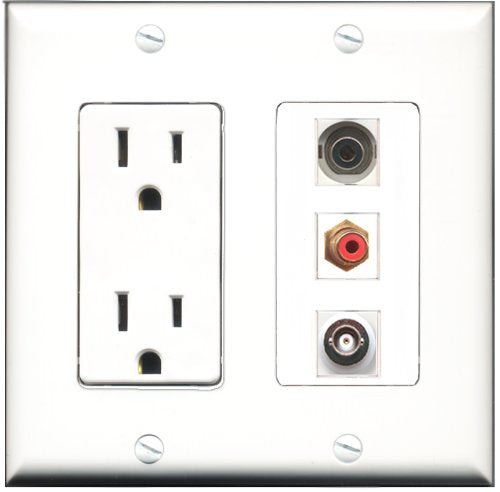 RiteAV - 15 Amp Power Outlet 1 Port RCA Red 1 Port 3.5mm 1 Port BNC Decorative Wall Plate