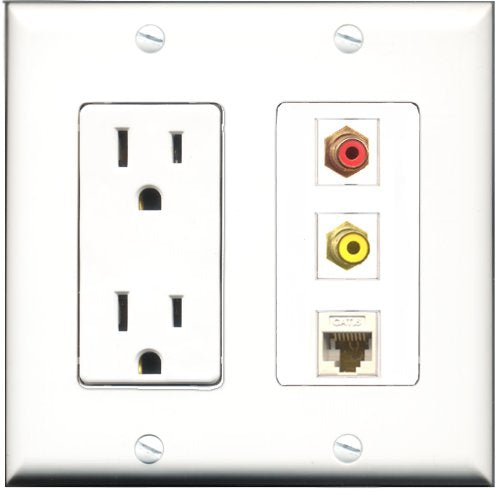 RiteAV - 15 Amp Power Outlet 1 Port RCA Red 1 Port RCA Yellow 1 Port Cat6 Ethernet Ethernet White Decorative Wall Plate