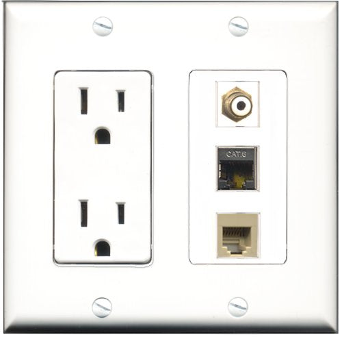 RiteAV - 15 Amp Power Outlet 1 Port RCA White 1 Port Phone Beige 1 Port Shielded Cat6 Ethernet Ethernet Decorative Wall Plate