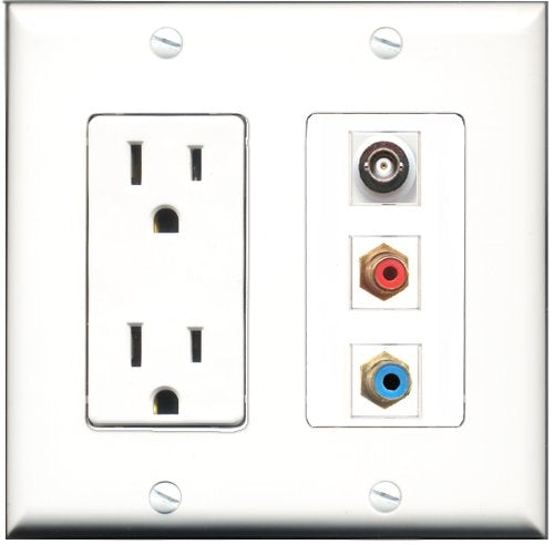 RiteAV - 15 Amp Power Outlet 1 Port RCA Red 1 Port RCA Blue 1 Port BNC Decorative Wall Plate