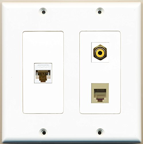 RiteAV - 1 Port RCA Yellow 1 Port Phone RJ11 RJ12 Beige 1 Port Cat6 Ethernet White - 2 Gang Wall Plate