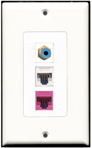 RiteAV - 1 Port RCA Blue 1 Cat5e Ethernet White 1 Cat5e Ethernet Pink Wall Plate Decorative