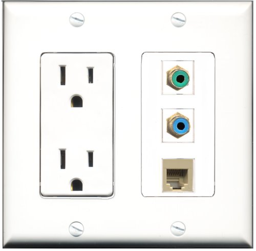 RiteAV - 15 Amp Power Outlet 1 Port RCA Green 1 Port RCA Blue 1 Port Phone Beige Decorative Wall Plate