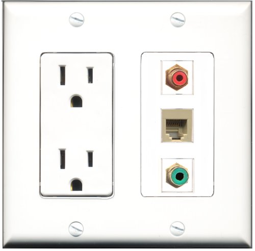 RiteAV - 15 Amp Power Outlet 1 Port RCA Red 1 Port RCA Green 1 Port Phone Beige Decorative Wall Plate