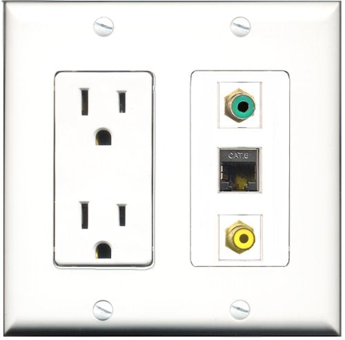 RiteAV - 15 Amp Power Outlet 1 Port RCA Yellow 1 Port RCA Green 1 Port Shielded Cat6 Ethernet Ethernet Decorative Wall Plate