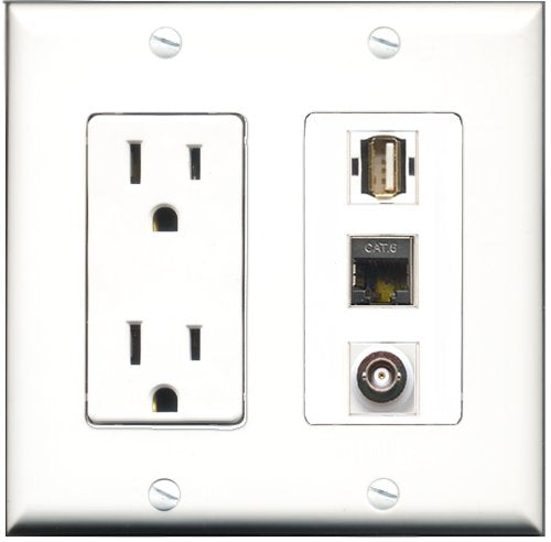 RiteAV - 15 Amp Power Outlet 1 Port USB A-A 1 Port Shielded Cat6 Ethernet Ethernet 1 Port BNC Decorative Wall Plate