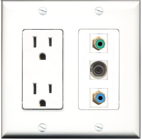 RiteAV - 15 Amp Power Outlet 1 Port RCA Green 1 Port RCA Blue 1 Port 3.5mm Decorative Wall Plate