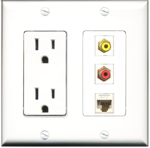 RiteAV - 15 Amp Power Outlet 1 Port RCA Red 1 Port RCA Yellow 1 Port Cat6 Ethernet Ethernet White Decorative Wall Plate