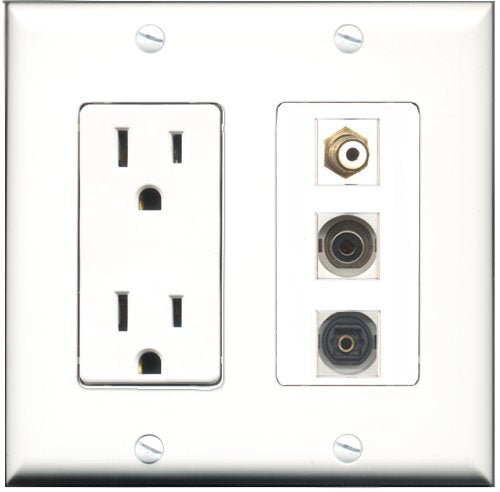 RiteAV - 15 Amp Power Outlet 1 Port RCA White 1 Port Toslink 1 Port 3.5mm Decorative Wall Plate