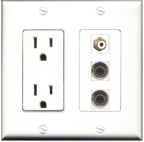 RiteAV - 15 Amp Power Outlet 1 Port RCA White 2 Port 3.5mm Decorative Wall Plate