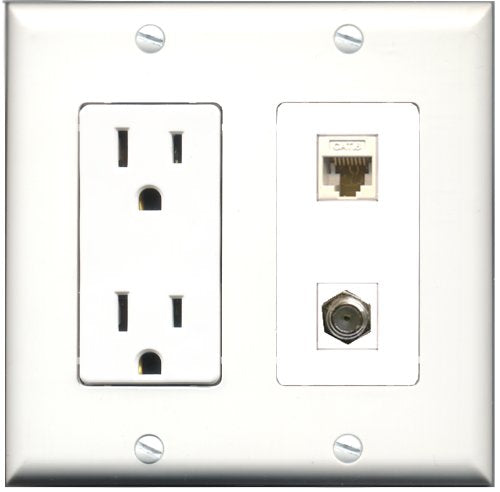 RiteAV - 15 Amp Power Outlet and 1 Port Coax Cable TV- F-Type and 1 Port Cat6 Ethernet White Decorative Type Wall Plate White
