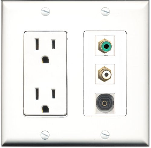 RiteAV - 15 Amp Power Outlet 1 Port RCA White 1 Port RCA Green 1 Port Toslink Decorative Wall Plate