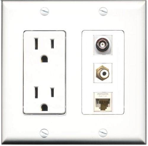 RiteAV - 15 Amp Power Outlet 1 Port RCA White 1 Port BNC 1 Port Cat6 Ethernet Ethernet White Decorative Wall Plate